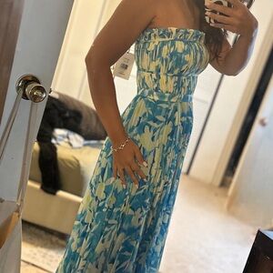 Amur Midi Blue and Yellow Floral Strapless Dress